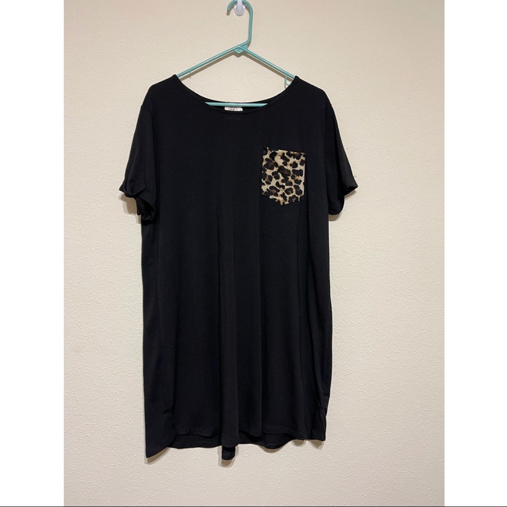Black TShirt Dress with Leopard Front Pocket